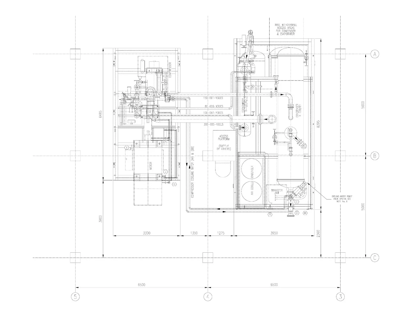 General arrangement drawing of a refrigeration compression skid with AI-detected line and equipment tags highlighted